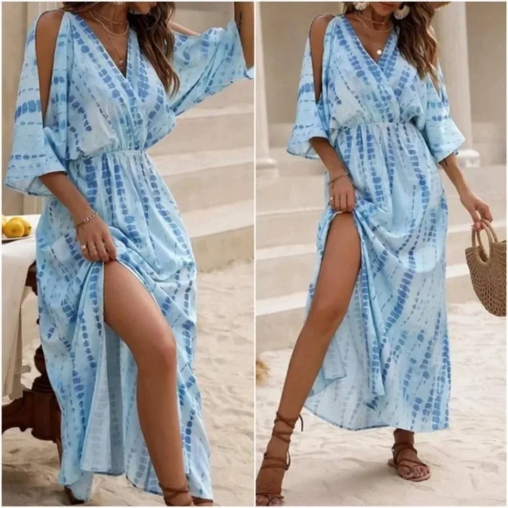 Boho Style Tie dye Cut out Sleeve thigh slit Maxi Dress BLUE - Picture 8 of 8